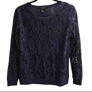 Forever 21 Blue Lace front Long Sleeve Top, size small